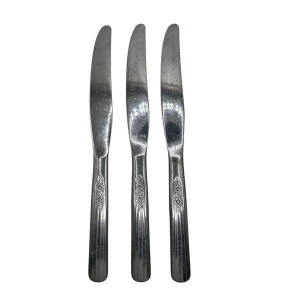 Set Of 3 Oneida Silver Fluted Rose Stainless Steel Dinner Knives - Picture 2 of 3